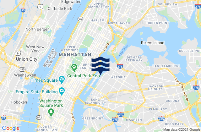 37th Avenue, Long Island City, East River, United Statesの潮見表地図