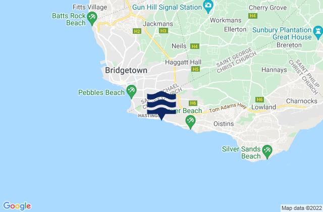 Accra Beach - Rockley Beach, Barbadosの潮見表地図