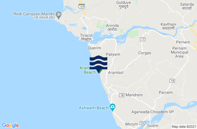Arambol Beach, Indiaの潮見表地図