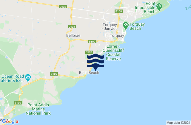 Bells Beach Torquay, Australiaの潮見表地図
