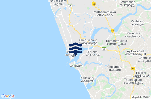 Beypore, Indiaの潮見表地図