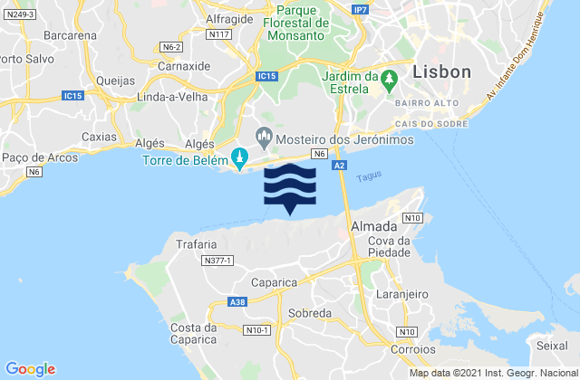 Caparica, Portugalの潮見表地図