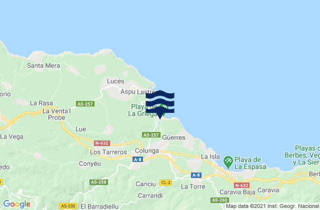 Colunga, Spainの潮見表地図