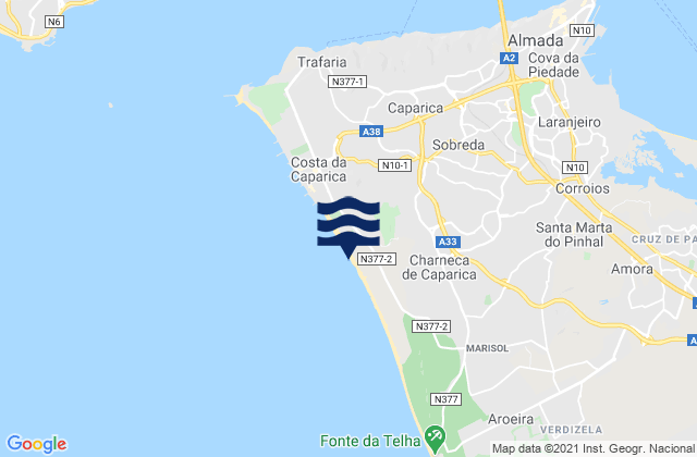 Costa da Caparica, Portugalの潮見表地図