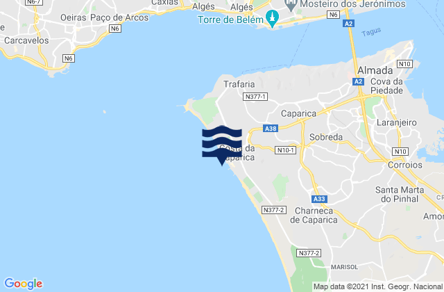 Costa de Caparica, Portugalの潮見表地図