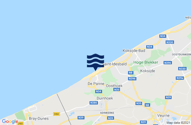 De Panne, Belgiumの潮見表地図