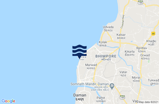 Devka Beach, Indiaの潮見表地図
