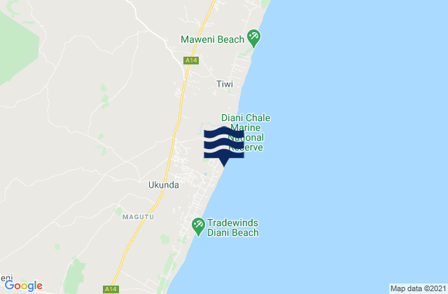 Diani Beach, Kenyaの潮見表地図