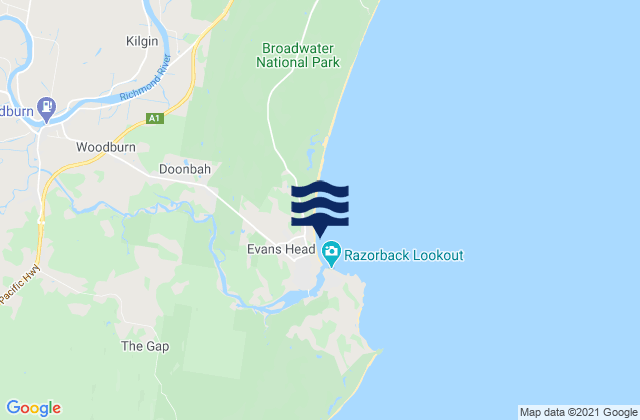 Evans Head-Airforce Beach, Australiaの潮見表地図