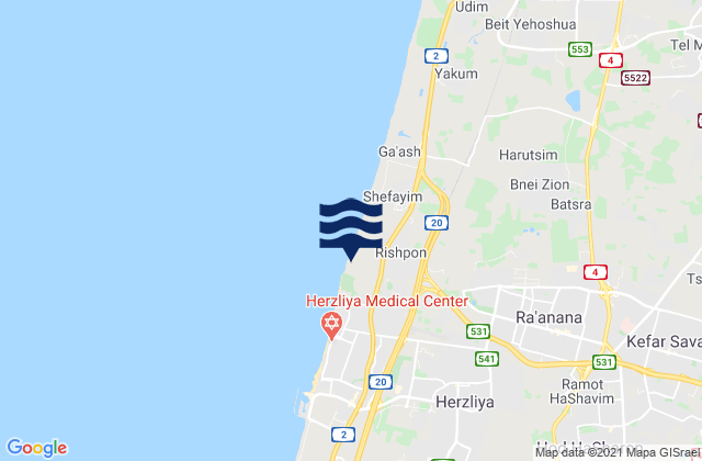 Hod HaSharon, Israelの潮見表地図