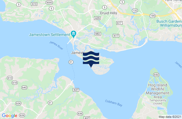 Jamestown Island, United Statesの潮見表地図