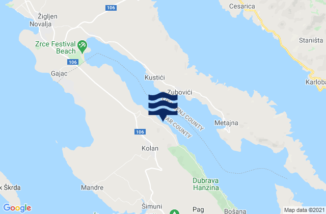 Kolan, Croatiaの潮見表地図