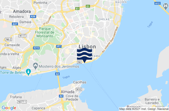 Lisbon, Portugalの潮見表地図