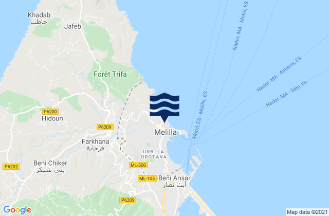 Melilla, Spainの潮見表地図
