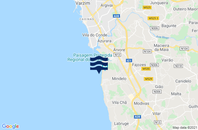 Mindelo, Portugalの潮見表地図