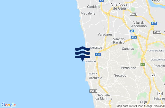 Miramar, Portugalの潮見表地図
