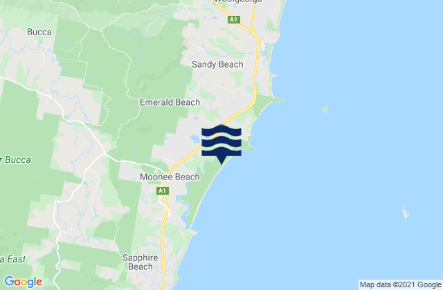 Moonee Beach and Creek, Australiaの潮見表地図