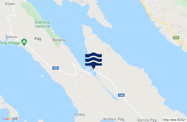 Pag, Croatiaの潮見表地図