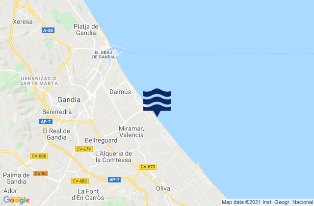Piles, Spainの潮見表地図