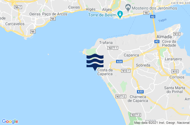 Praia da Costa da Caparica, Portugalの潮見表地図