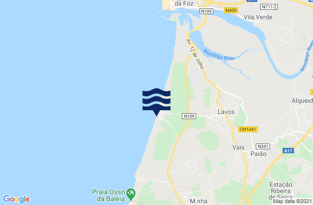 Praia da Costa de Lavos, Portugalの潮見表地図