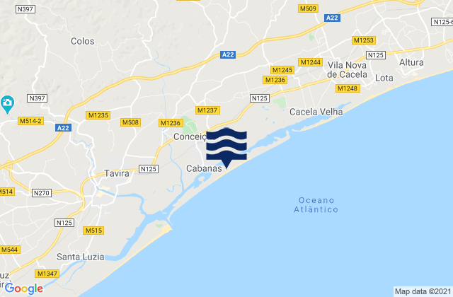 Praia de Cabanas, Portugalの潮見表地図