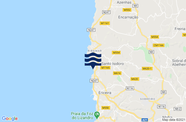 Praia de Ribeira d'Ilhas, Portugalの潮見表地図