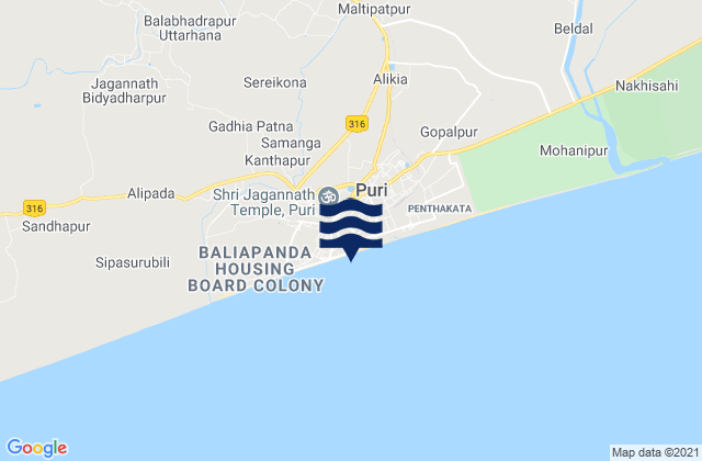 Puri Beach, Indiaの潮見表地図