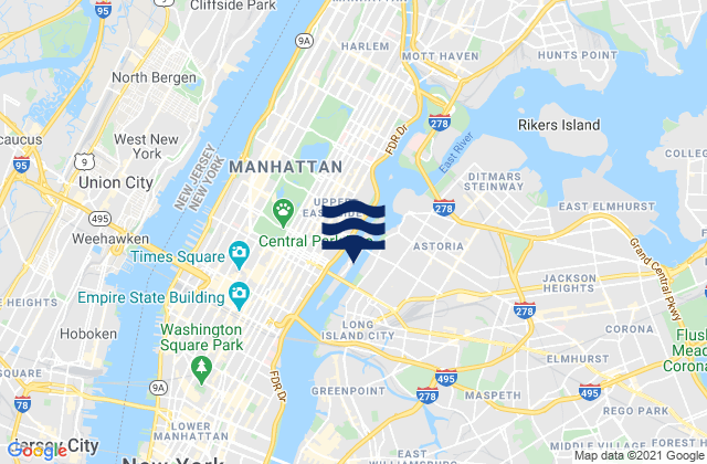 Roosevelt Island, north end, East River, United Statesの潮見表地図