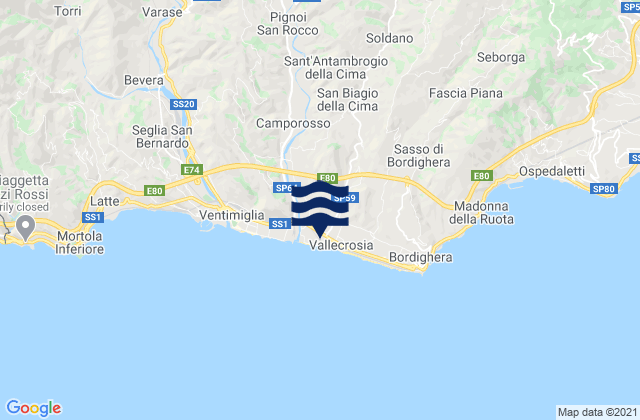 Vallecrosia, Italyの潮見表地図